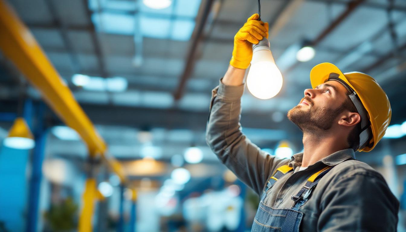 A photograph of a lighting contractor installing a corn light lamp bulb in a commercial setting