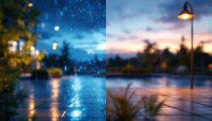 A photograph of a beautifully illuminated outdoor space featuring weatherproof lights