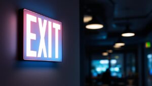 A photograph of capture a photograph of a dual lite exit sign illuminated in a commercial setting