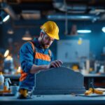 A photograph of capture a photograph of a lighting contractor examining a non-shunted tombstone in a well-lit workspace