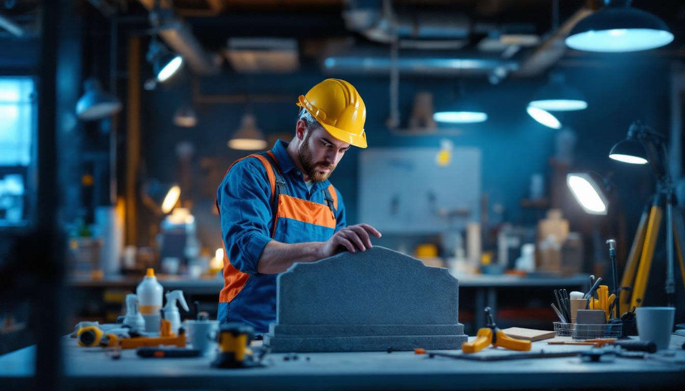 A photograph of capture a photograph of a lighting contractor examining a non-shunted tombstone in a well-lit workspace