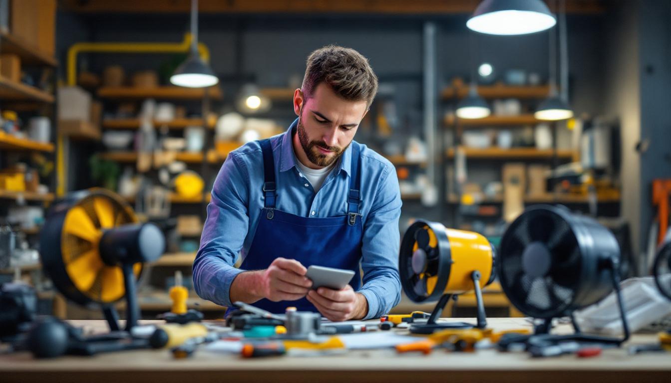 A photograph of a lighting contractor examining various small shop fan models in a well-lit workspace