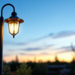 A photograph of a beautifully illuminated outdoor lamp mounted on a post in a serene garden or patio setting