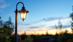 A photograph of a beautifully illuminated outdoor lamp mounted on a post in a serene garden or patio setting