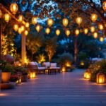 A photograph of a beautifully illuminated outdoor space featuring various styles of lantern lights