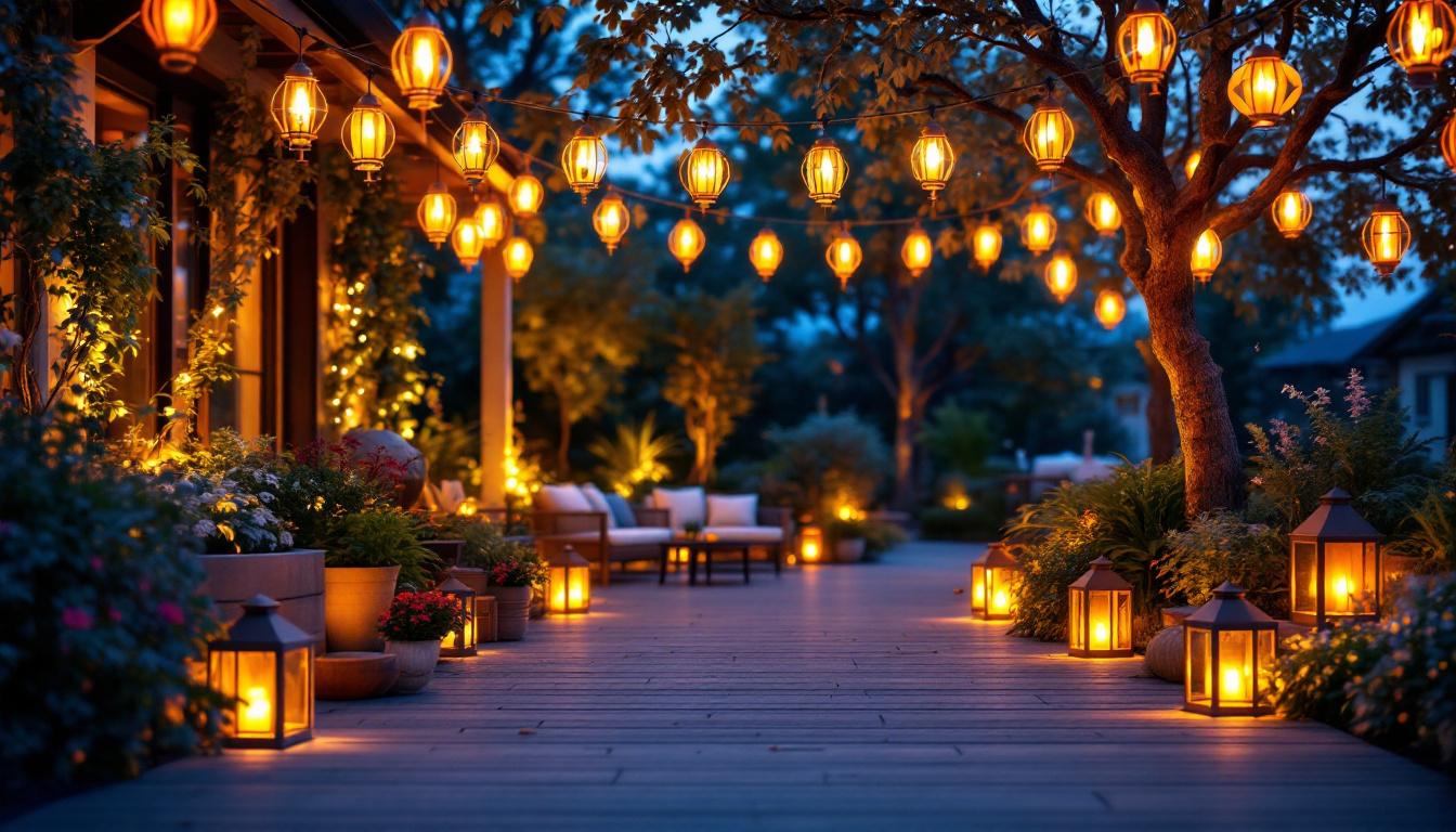 A photograph of a beautifully illuminated outdoor space featuring various styles of lantern lights