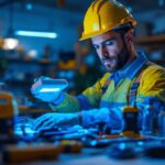 A photograph of a lighting contractor in a modern workspace