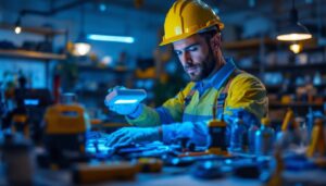 A photograph of a lighting contractor in a modern workspace