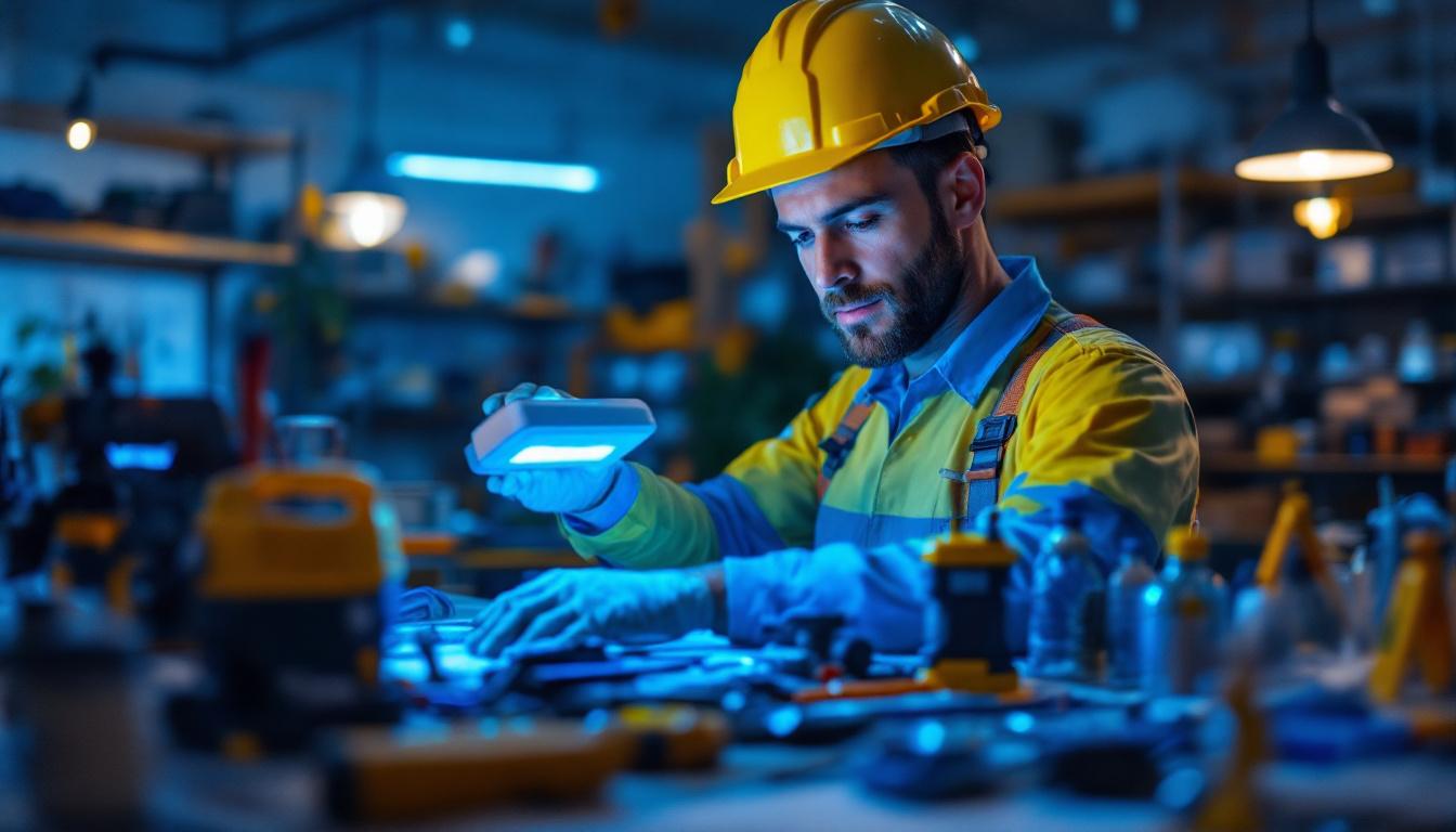 A photograph of a lighting contractor in a modern workspace