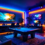 A photograph of a vibrant game room illuminated by colorful led lighting