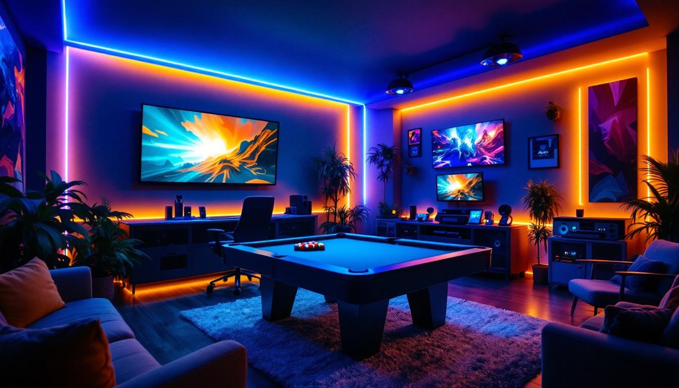 A photograph of a vibrant game room illuminated by colorful led lighting