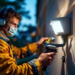 A photograph of a lighting contractor installing an exterior motion detector light switch on a residential home