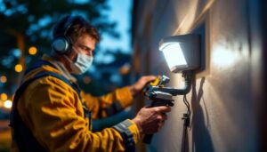 A photograph of a lighting contractor installing an exterior motion detector light switch on a residential home