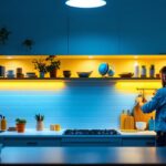 A photograph of a well-lit kitchen or workspace featuring stylish under-shelf lighting