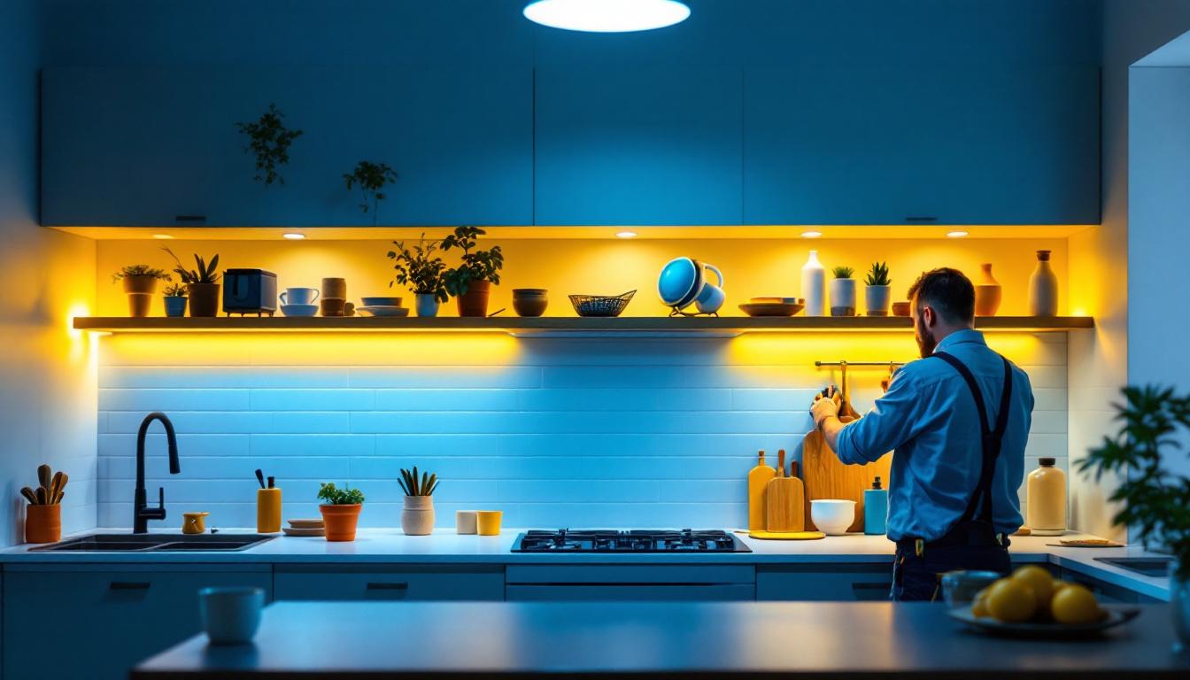 A photograph of a well-lit kitchen or workspace featuring stylish under-shelf lighting