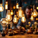 A photograph of a beautifully arranged display of vintage style bulbs in a cozy