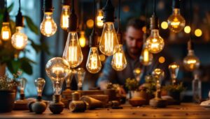 A photograph of a beautifully arranged display of vintage style bulbs in a cozy