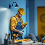 A photograph of a lighting contractor expertly replacing traditional can lights with energy-efficient led fixtures in a modern home setting