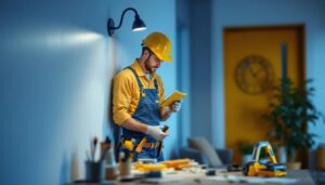A photograph of a lighting contractor expertly replacing traditional can lights with energy-efficient led fixtures in a modern home setting