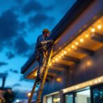 A photograph of a skilled lighting contractor installing led lights on a modern roof