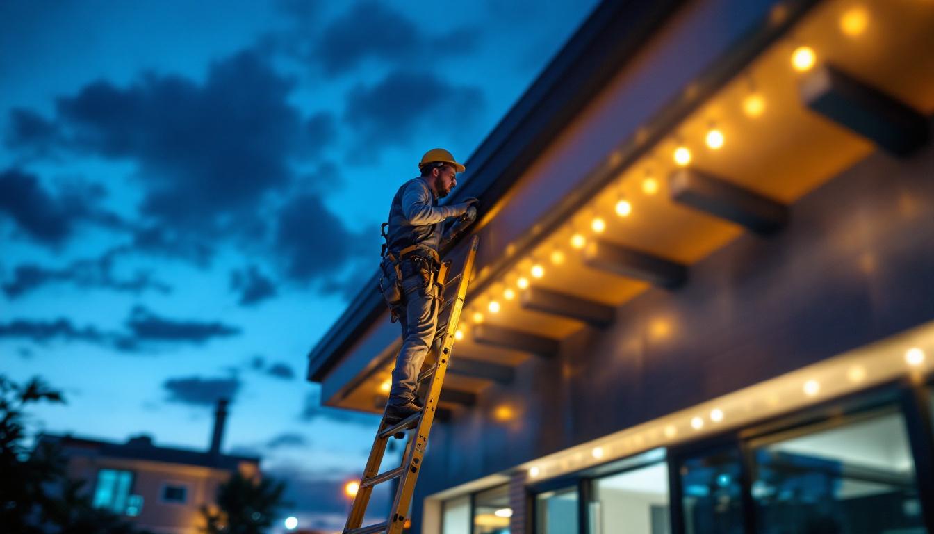 A photograph of a skilled lighting contractor installing led lights on a modern roof