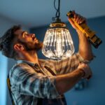 A photograph of a lighting contractor expertly installing a chandelier using a hanging kit