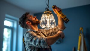 A photograph of a lighting contractor expertly installing a chandelier using a hanging kit