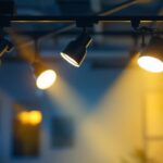 A photograph of a well-lit interior space showcasing various styles of track lighting heads in use