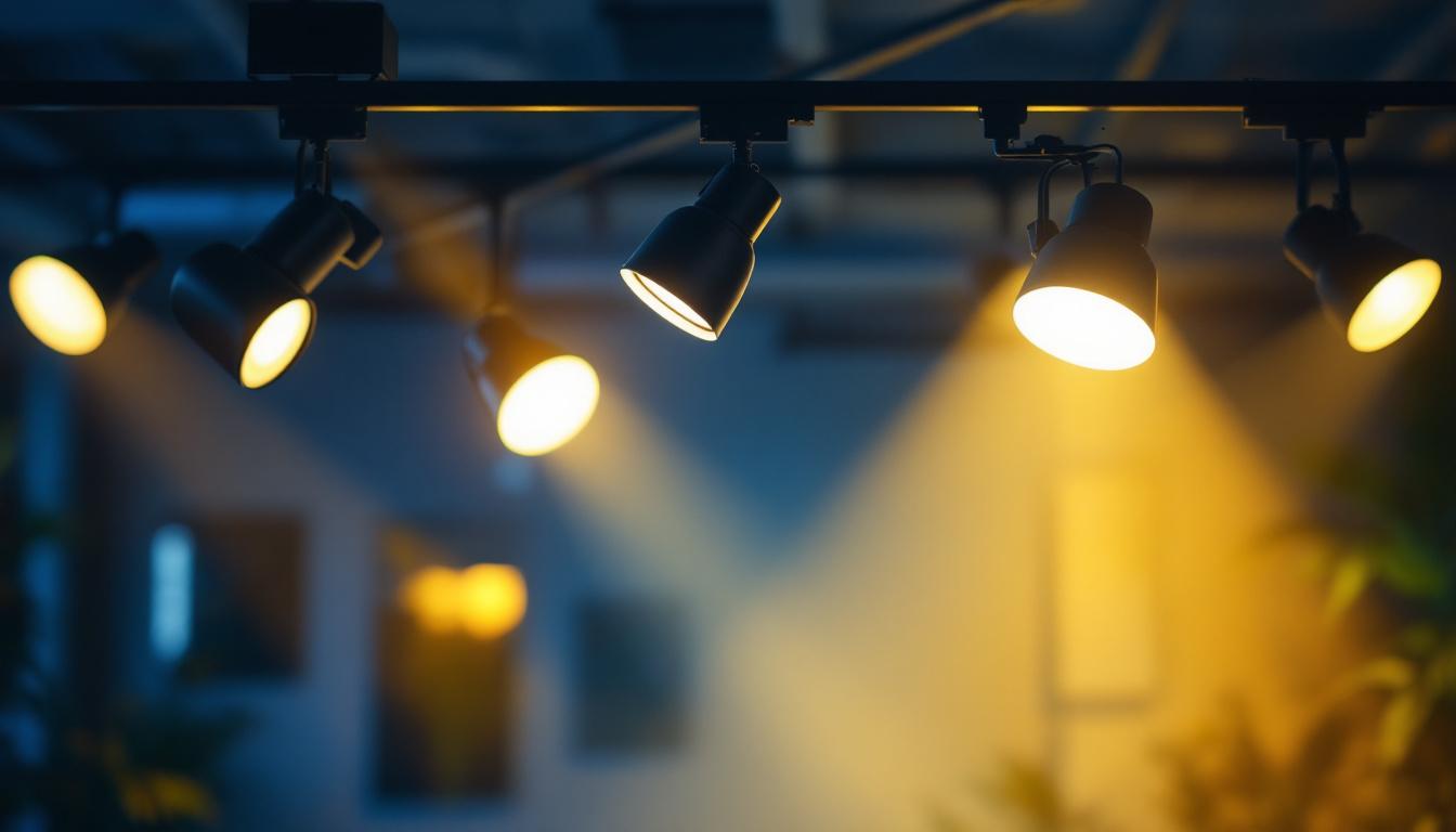 A photograph of a well-lit interior space showcasing various styles of track lighting heads in use