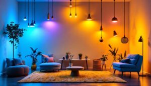 A photograph of a stylish and inviting game room featuring a variety of creative lighting options