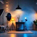 A photograph of a well-designed studio space featuring various types of lamps in use