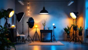 A photograph of a well-designed studio space featuring various types of lamps in use