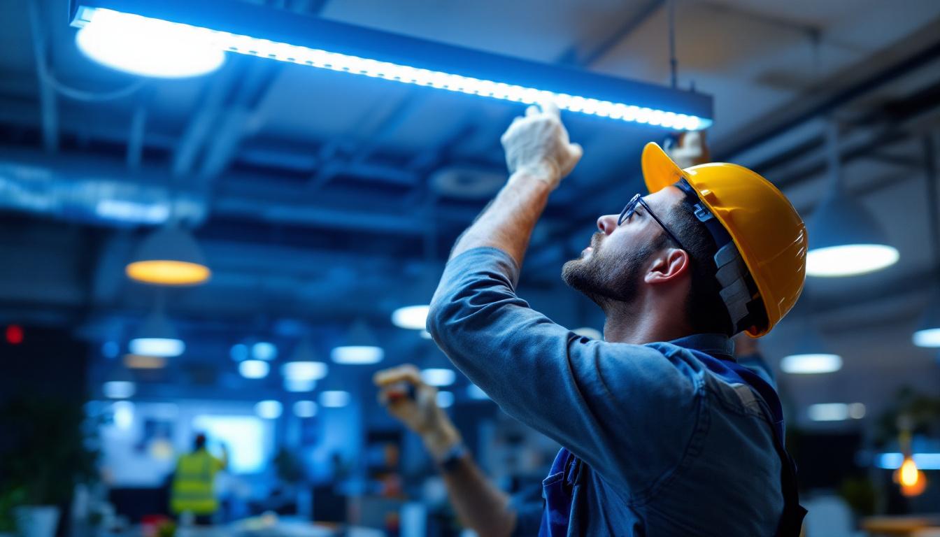 A photograph of a lighting contractor installing or adjusting overhead led lights in a modern workspace