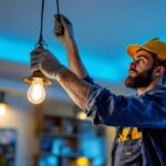 A photograph of a skilled lighting contractor installing a stylish light fixture in a modern interior space