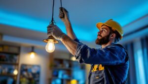 A photograph of a skilled lighting contractor installing a stylish light fixture in a modern interior space