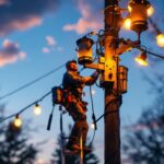 A photograph of a lighting contractor working on a yard pole installation at dusk