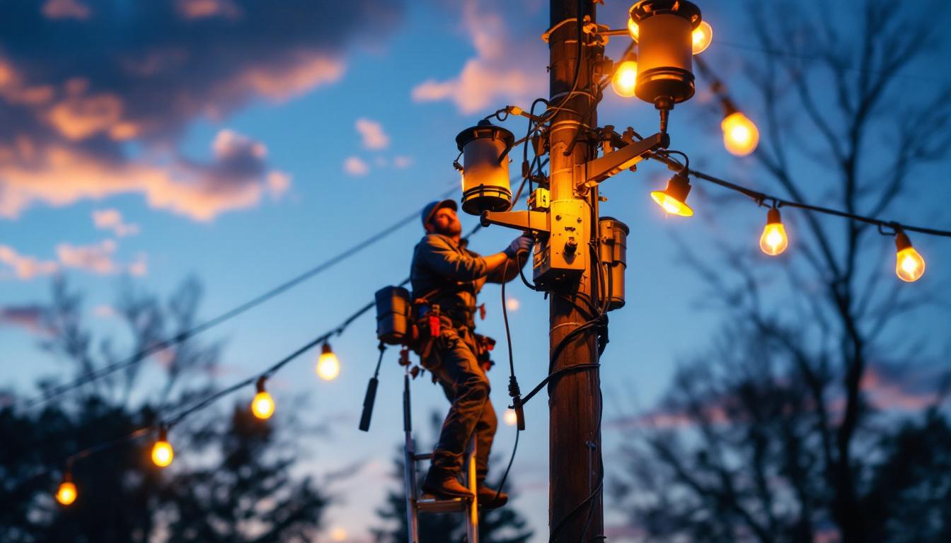 A photograph of a lighting contractor working on a yard pole installation at dusk
