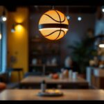 A photograph of a stylish basketball-themed light fixture in a modern
