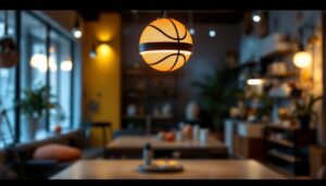 A photograph of a stylish basketball-themed light fixture in a modern