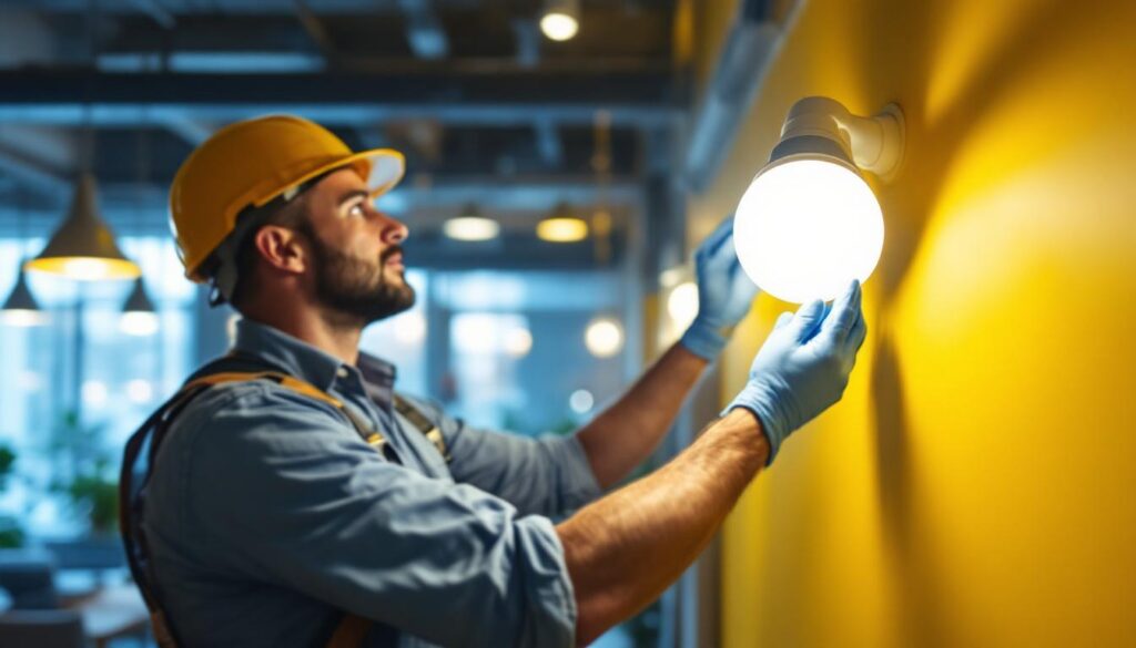 A photograph of a skilled lighting contractor installing a retrofit led light in a modern commercial space