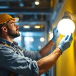A photograph of a skilled lighting contractor installing a retrofit led light in a modern commercial space