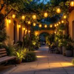 A photograph of a beautifully illuminated outdoor space at dusk