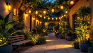 A photograph of a beautifully illuminated outdoor space at dusk