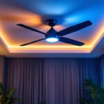 A photograph of a modern ceiling fan with integrated led lights