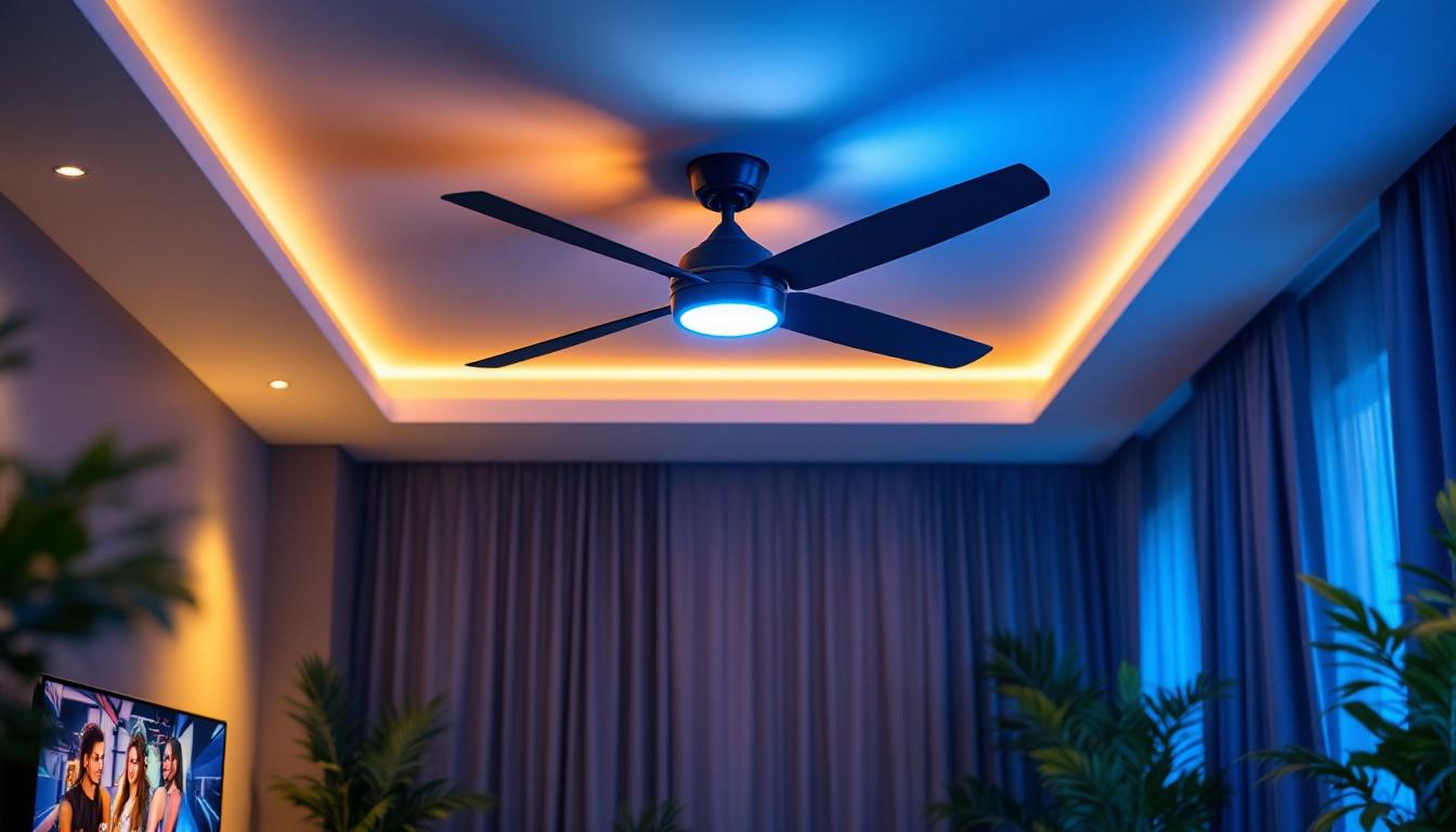 A photograph of a modern ceiling fan with integrated led lights