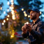A photograph of a lighting contractor installing outdoor fluorescent bulbs in a beautifully landscaped garden or patio setting during dusk