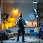 A photograph of a lighting contractor inspecting a well-lit residential space