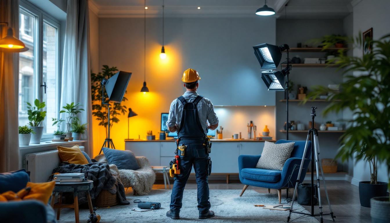 A photograph of a lighting contractor inspecting a well-lit residential space