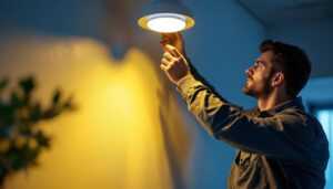 A photograph of a lighting contractor installing a screw-on led light fixture in a residential setting