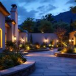 A photograph of a beautifully illuminated outdoor space featuring solar spotlights highlighting architectural features and landscaping